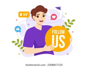 Follow Us and Like Vector Illustration for Internet Advertisement of a Social Media Users Following an Interesting Page in Hand Drawn Templates