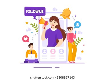 Follow Us and Like Vector Illustration for Internet Advertisement of a Social Media Users Following an Interesting Page in Hand Drawn Templates