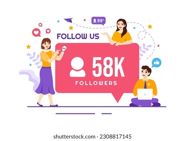 Follow Us and Like Vector Illustration for Internet Advertisement of a Social Media Users Following an Interesting Page in Hand Drawn Templates