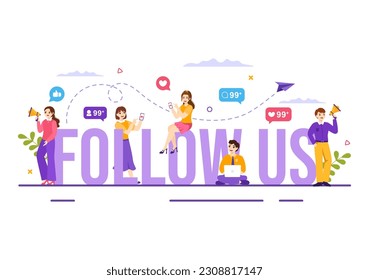 Follow Us and Like Vector Illustration for Internet Advertisement of a Social Media Users Following an Interesting Page in Hand Drawn Templates