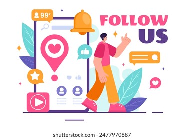 Folgen Us und Like Vektorillustration für Internetwerbung von Social-Media-Nutzern auf einer Interessanten Seite, in einem flachen Hintergrund gesetzt