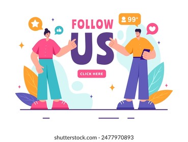 Follow Us and Like Vector Illustration for Internet Advertisements of Social Media Users Following an Interesting Page, Set in a Flat Background