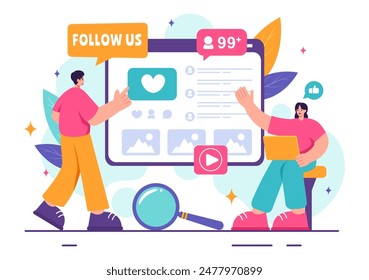 Follow Us and Like Vector Illustration for Internet Advertisements of Social Media Users Following an Interesting Page, Set in a Flat Background