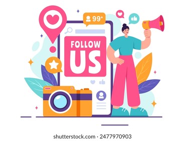 Folgen Us und Like Vektorillustration für Internetwerbung von Social-Media-Nutzern auf einer Interessanten Seite, in einem flachen Hintergrund gesetzt