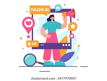 Follow Us and Like Vector Illustration for Internet Advertisements of Social Media Users Following an Interesting Page, Set in a Flat Background