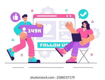Follow Us and Like Vector Illustration for Social Media Advertisements, Featuring Users Engaging with an Interesting Page to Gain Followers