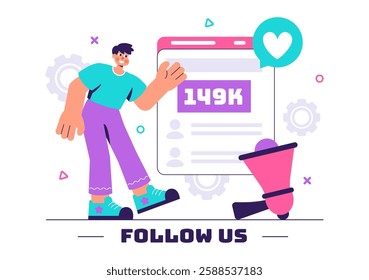 Follow Us and Like Vector Illustration for Social Media Advertisements, Featuring Users Engaging with an Interesting Page to Gain Followers