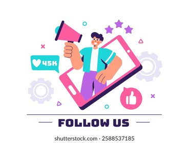 Follow Us and Like Vector Illustration for Social Media Advertisements, Featuring Users Engaging with an Interesting Page to Gain Followers