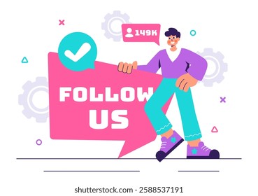 Follow Us and Like Vector Illustration for Social Media Advertisements, Featuring Users Engaging with an Interesting Page to Gain Followers
