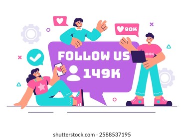 Follow Us and Like Vector Illustration for Social Media Advertisements, Featuring Users Engaging with an Interesting Page to Gain Followers