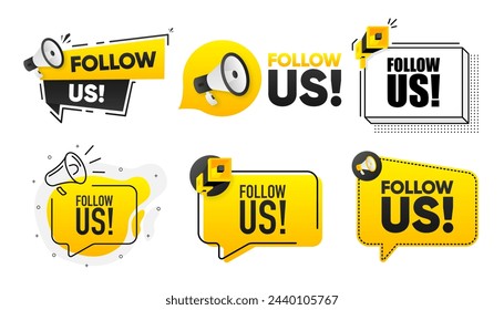 Follow Us. Megaphone label collection with text. Marketing and promotion. Vector Illustration.