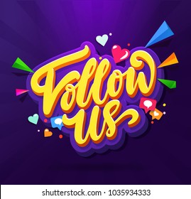 Follow Us Memphis Colorful card. Memphis card set for social media networks and follower. Hand lettering with doodles of hearts, comments and new followers. Vector illustration - Powered by Shutterstock - Get 15% off with code: PIKWIZARD15