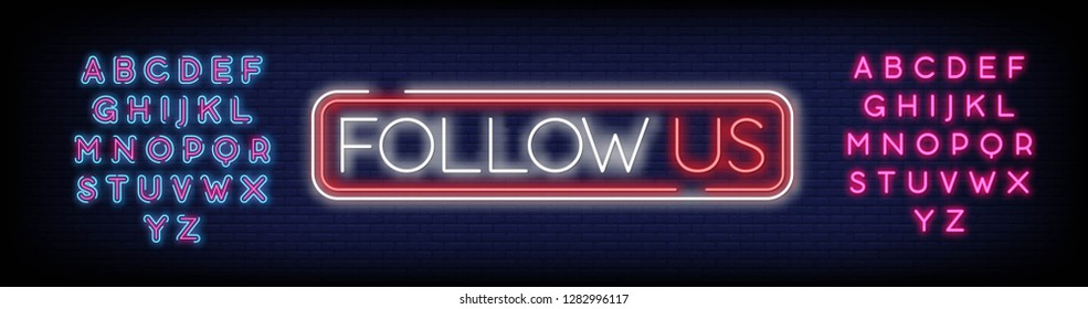 Follow Us Neon Text Vector With Brick Wall Background. design template  modern trend design  night neon signboard  night bright advertising  light banner  light art. Vector. Editing text neon sign