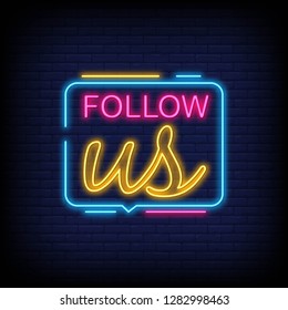 Follow Us Neon Text Vector With Brick Wall Background. Follow Us neon sign  design template  modern trend design  night neon signboard  night bright advertising  light banner  light art. Vector