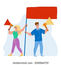 Follow Us Screaming Boy And Girl On Protest Vector. Man And Woman With Loudspeaker And Flag Scream Follow Us On Meeting Defending Social Rules. Characters Couple Protesting Flat Cartoon Illustration