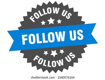 follow us sign. follow us blue-black circular band label sticker on white