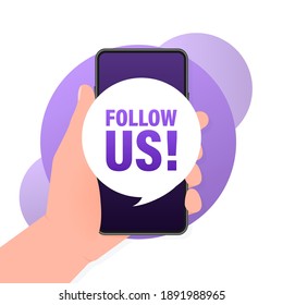 Follow us smartphone banner in 3D style on white background. Vector illustration.