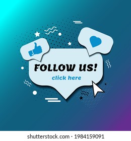 Follow us, social media, conversation bubble, thumbs up and heart, vector illustration