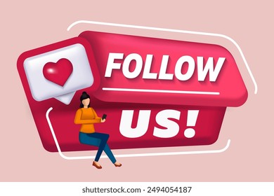 Follow Us Social media platform, online social communication website concept. Comment and Follower. Follow us tag. 3D Web Illustrations. Follow us speech bubble background. Special offer sign. 
