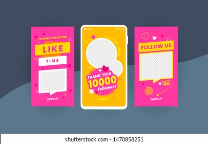 Follow us social media stories templates set. Like time, 10k followers congratulation social network promotional poster layouts pack. SMM, Internet advertisement web banners collection
