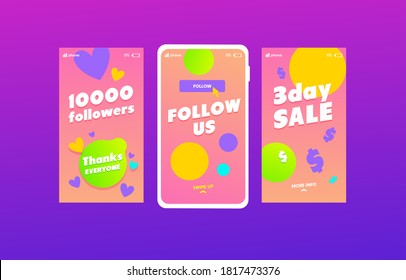 Follow us social media stories templates set. Like time, 10k followers congratulation social network promotional poster layouts pack. SMM, Internet advertisement web banners collection