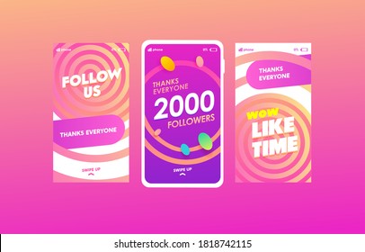 Follow us social media stories templates set. Like time, 20k followers congratulation social network promotional poster layouts pack. SMM, Internet advertisement web banners collection