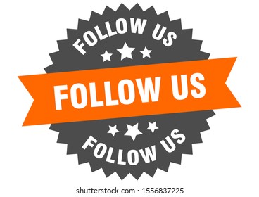 follow us sticker. follow us orange-black circular band label sign. black-orange tag