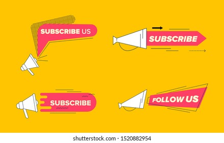 Follow Us and Subscribe Banners Set, Social Media Networks Logo in Line Art Style with Loudspeaker and Typography. Button,Counter Notification Image Symbol, Sign. Ui. Cartoon Flat Vector Illustration