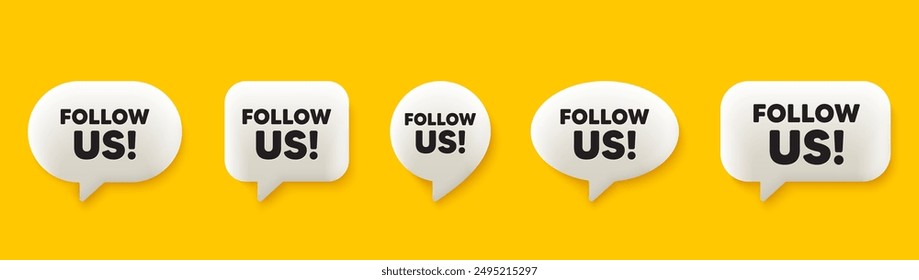 Follow us tag. 3d chat speech bubbles set. Special offer sign. Super offer symbol. Follow us talk speech message. Talk box infographics. Vector