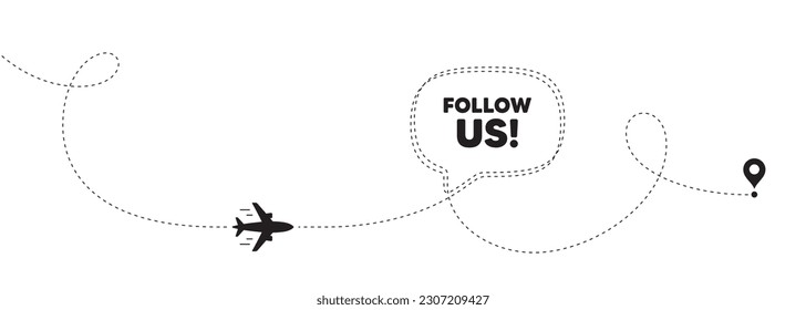 Follow us tag. Plane travel path line banner. Special offer sign. Super offer symbol. Follow us speech bubble message. Plane location route. Dashed line. Vector