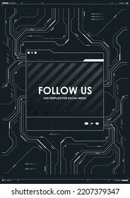 Follow us template with HUD futuristic background. Social media layout in cyber style.