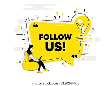 Follow us text. Idea chat bubble banner with person. Special offer sign. Super offer symbol. Follow us chat message lightbulb. Idea light bulb people background. Vector