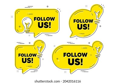 Follow us text. Idea yellow chat bubbles. Special offer sign. Super offer symbol. Follow us chat message banners. Idea lightbulb balloons. Vector