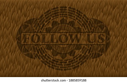 FOLLOW US text inside Brown fur realistic badge. Pet chic background. Vector illustration. 