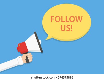 Follow us vector illustration. Follow us on social media banner. Loudspeaker in hand and speech bubble. Announcement, invitation to follow us. 