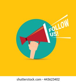 Follow us vector orange banner. Follow us on online media social networking. Follow us concept illustration for web.