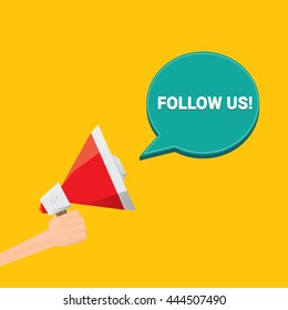 Follow us vector orange banner. Follow us on online media social networking. Follow us concept illustration for web.