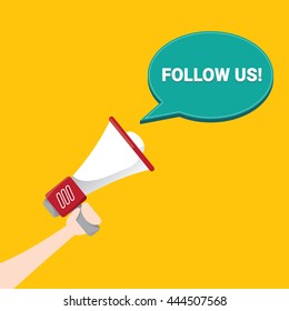 Follow us vector orange banner. Follow us on online media social networking. Follow us concept illustration for web.