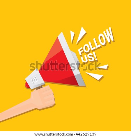 Follow us vector orange banner. Follow us on online media social networking. Follow us concept illustration for web.