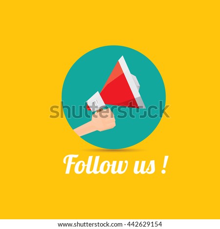 Follow us vector orange banner. Follow us on online media social networking. Follow us concept illustration for web.
