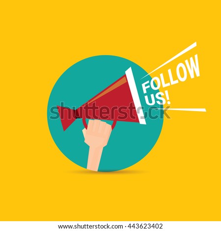Follow us vector orange banner. Follow us on online media social networking. Follow us concept illustration for web.
