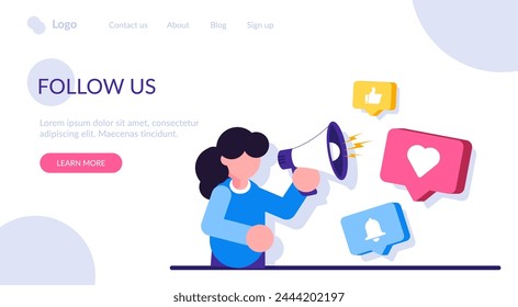 Follow us website UI concept. Follow us on social media, subscribe for newsletter, get connected. Modern flat illustration.