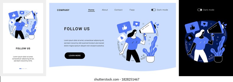 Follow Us Website UI Kit. Follow Us On Social Media, Subscribe For Newsletter, Get Connected, Business Website Tab, Menu Bar, Stay In Touch, UI Element Landing And Mobile App Vector UI Template.