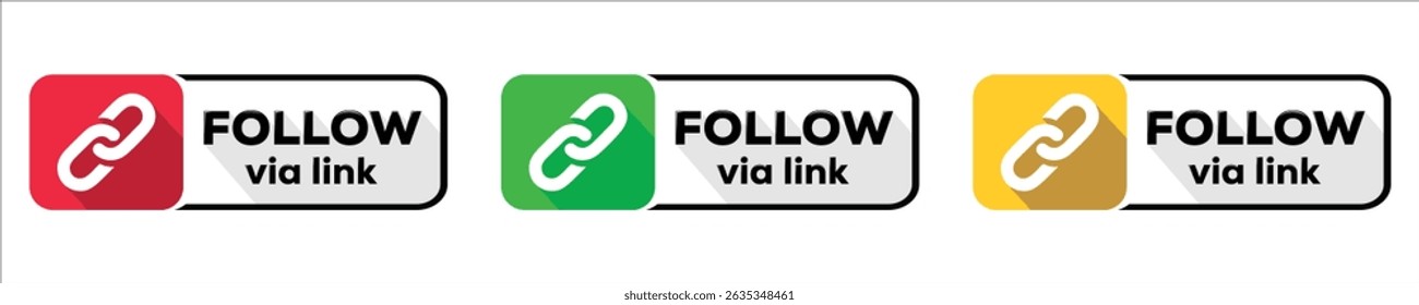 Follow via Link Badge Set – Colorful SEO Web Buttons with Link Icon for Blogs and Websites on White Background