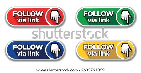 Follow via link buttons set. Social network symbol in flat style different colors with shadow. Vector on transparent background