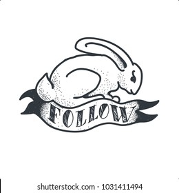 Follow The White Rabbit. Tattoo Sketch Doodle vector Illustration.