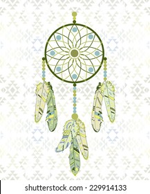 Follow your dream. Dream catcher on navajo pattern background.