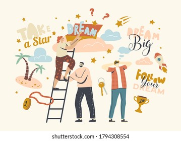 Follow Your Dream Concept with Characters Climbing Ladder Up to Clouds, Imagine Success and Wealth. People Dare Taking Star from Sky, Aspiration and Motivation Achievement. Linear Vector Illustration