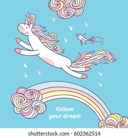 Follow your dream. Sweet little pony is jumping under a shower on the rainbow and funny bird flying with her above the curly clouds. Cute animal character and graphic elements for kids design.
