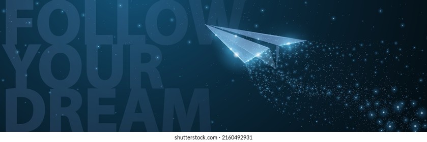 Follow your dreams. Paper airplane with Motivational slogan on dark blue with dots and stars. Dream, freedom, inspiration and positive illustration or background. Journey symbol. Shirt print. - Shutterstock ID 2160492931